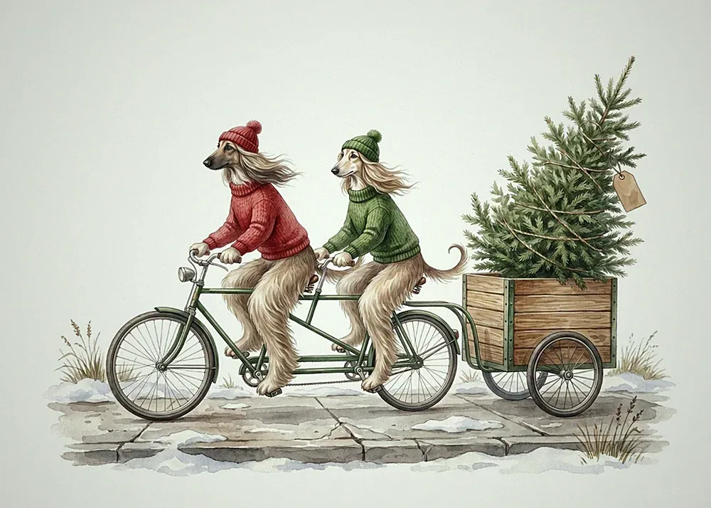 Whimsical Christmas Card, Afghan Dogs, Tandem Bicycle, Christmas Tree, 7"x5"